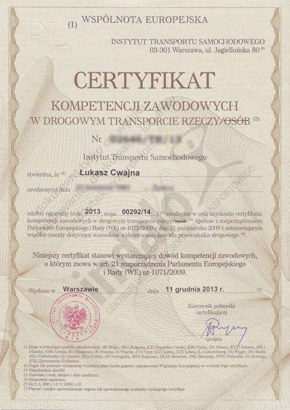 Certyfikat Kompetencji Zawodowej w transporcie drogowym