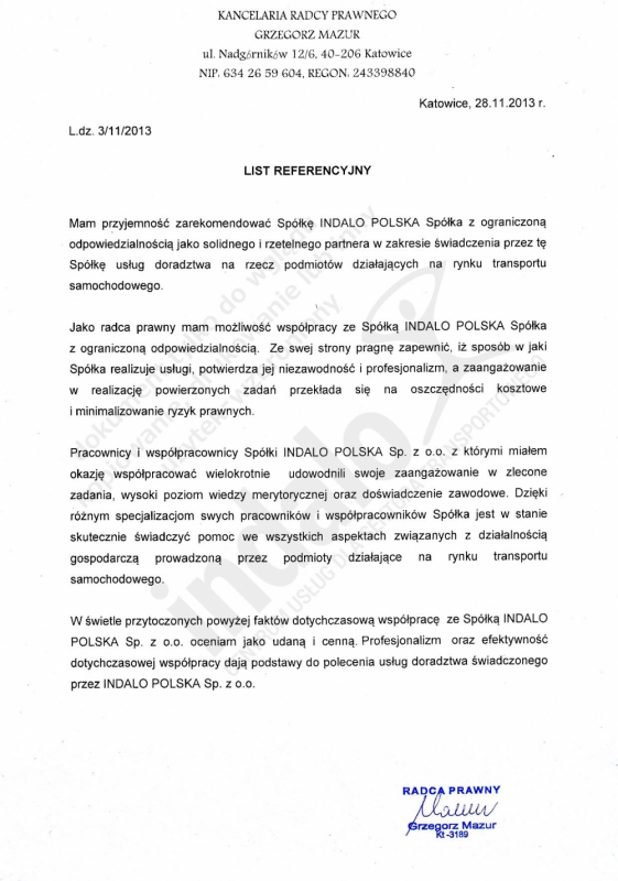 List referencyjny z Kancelarii Radcy Prawnego Grzegorza mazura
